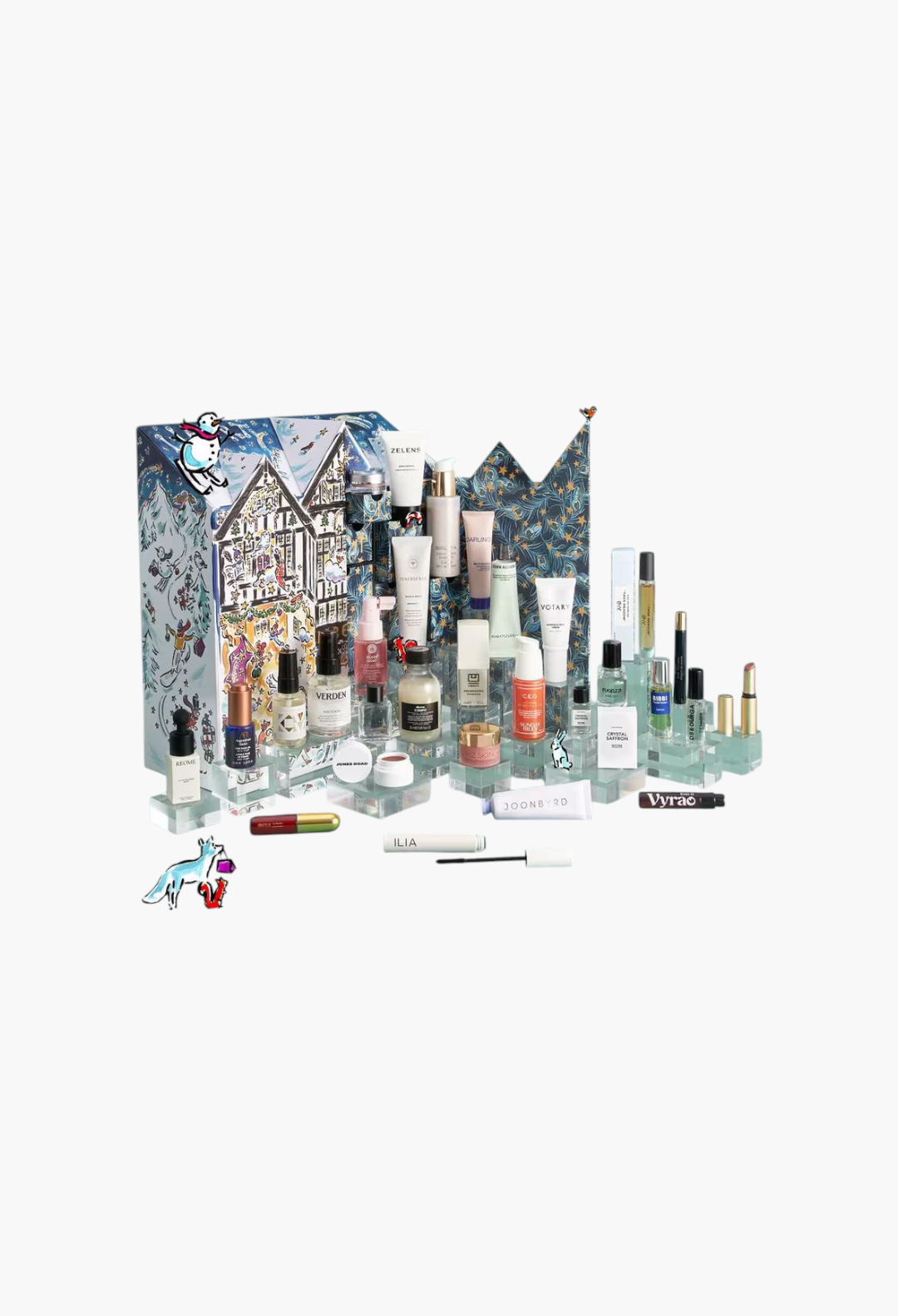 GLAM MODA Beauty Advent Calendar 2026 featuring 29 skincare and makeup products with a festive illustrated box