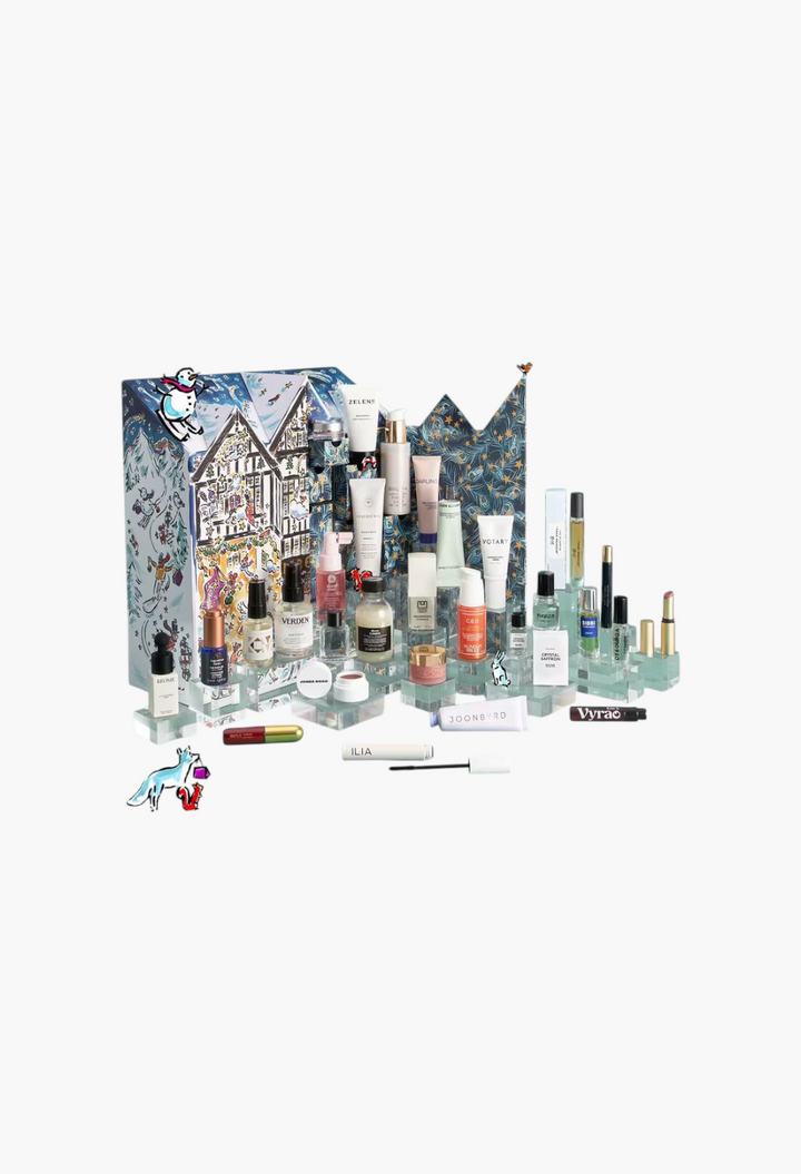 GLAM MODA Beauty Advent Calendar 2026 featuring 29 skincare and makeup products with a festive illustrated box