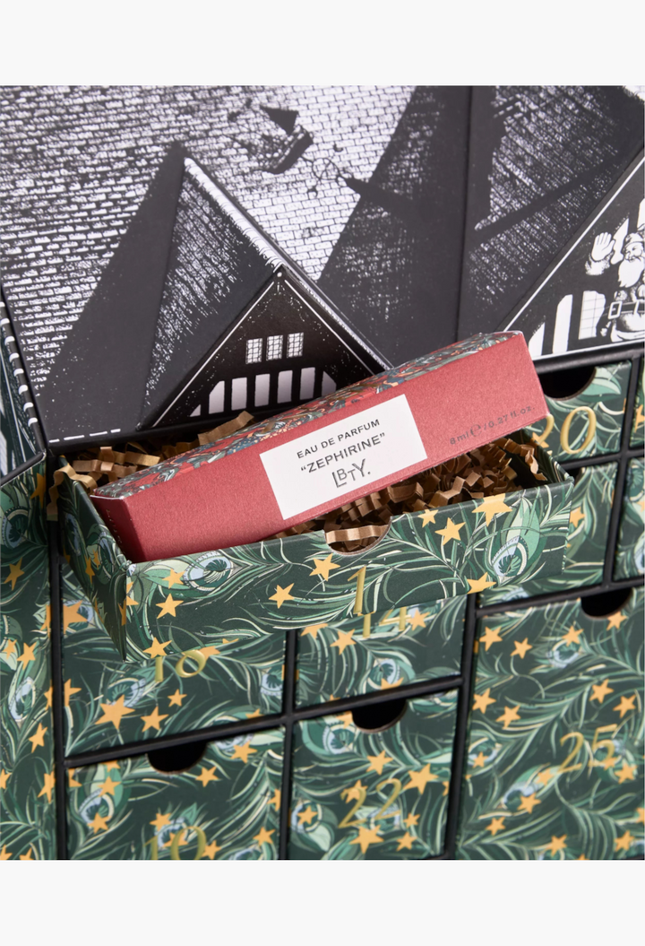 GLAM MODA Liberty LBTY Zephirine Eau de Parfum in a decorative green and gold patterned advent calendar drawer