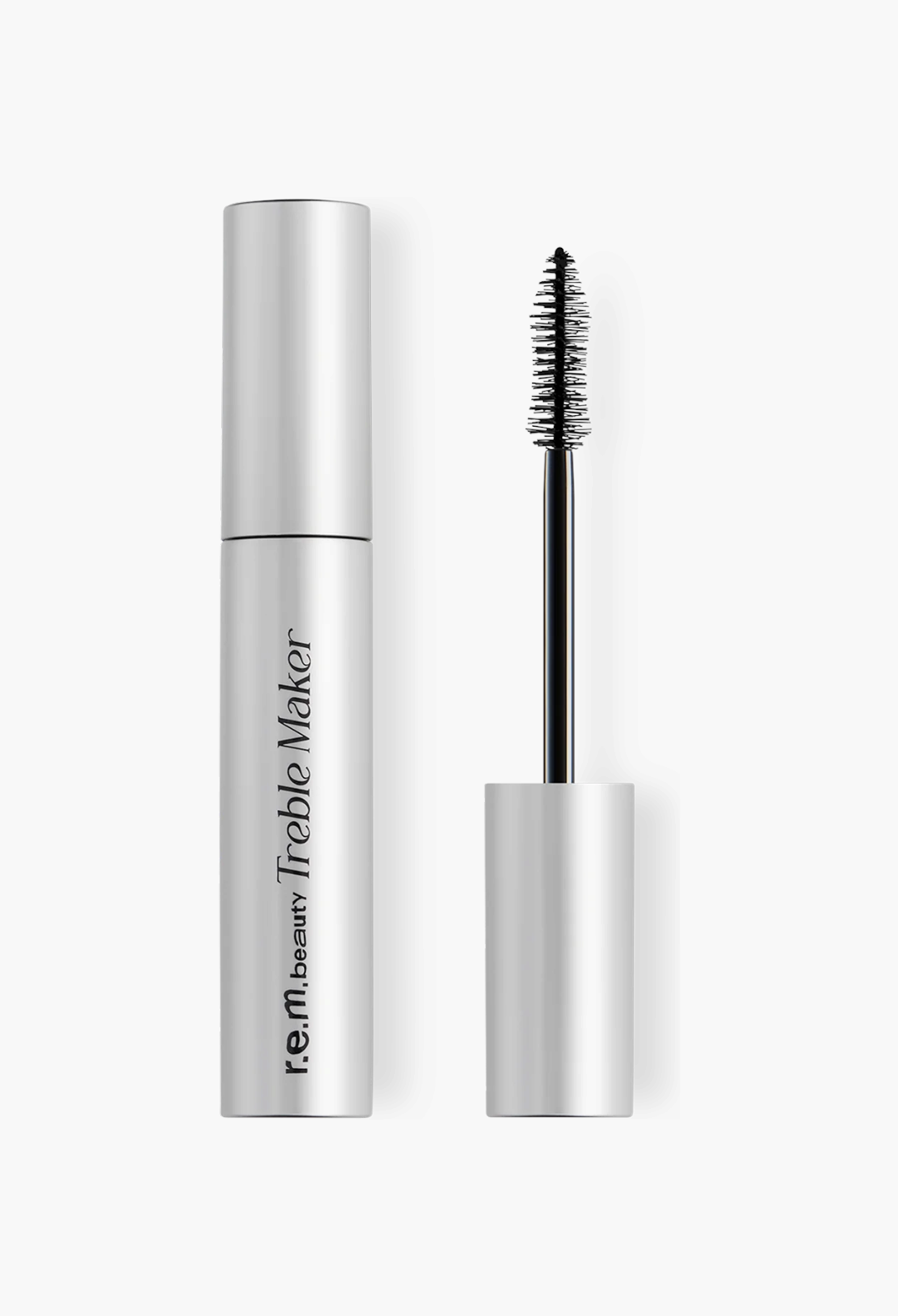 GLAM MODA mini treble maker 3-in-1 mascara in a sleek silver tube with a black volumizing brush applicator