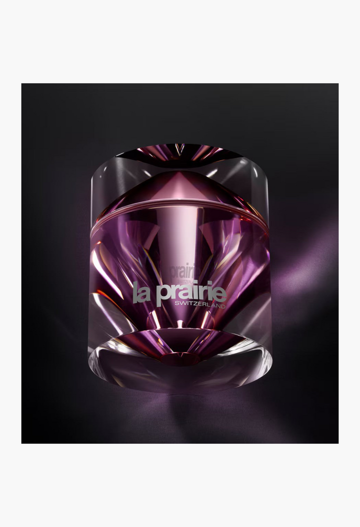GLAM MODA La Prairie Platinum Rare Haute-Rejuvenation Cream in a luxurious purple faceted glass jar.