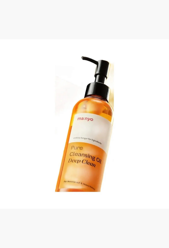 GLAM MODA Ma:nyo Pure Cleansing Oil Deep Clean in a clear bottle with a black pump for removing waterproof makeup.