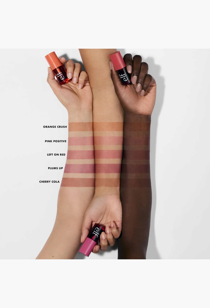 GLAM MODA ELF Tint collection showing five shades swatched on three different skin tones with product packaging