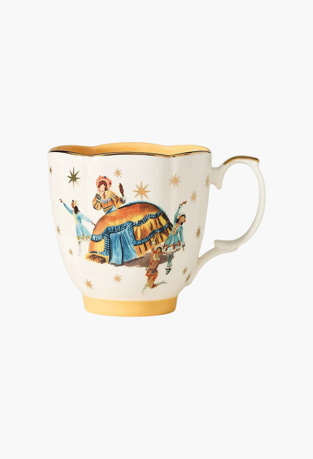 GLAM MODA stoneware mug featuring The Nutcracker ballet illustration with gold star accents and yellow trim.