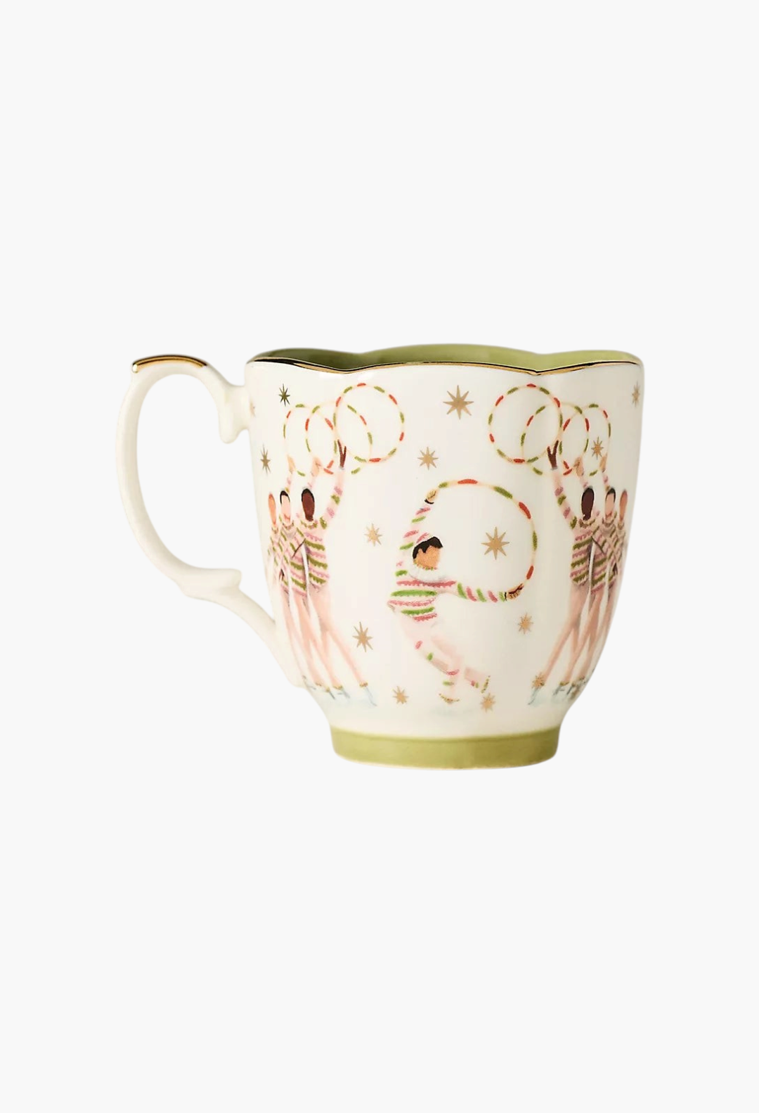 GLAM MODA stoneware mug featuring The Nutcracker ballet dancers, gold rim, and festive star accents on white ceramic.