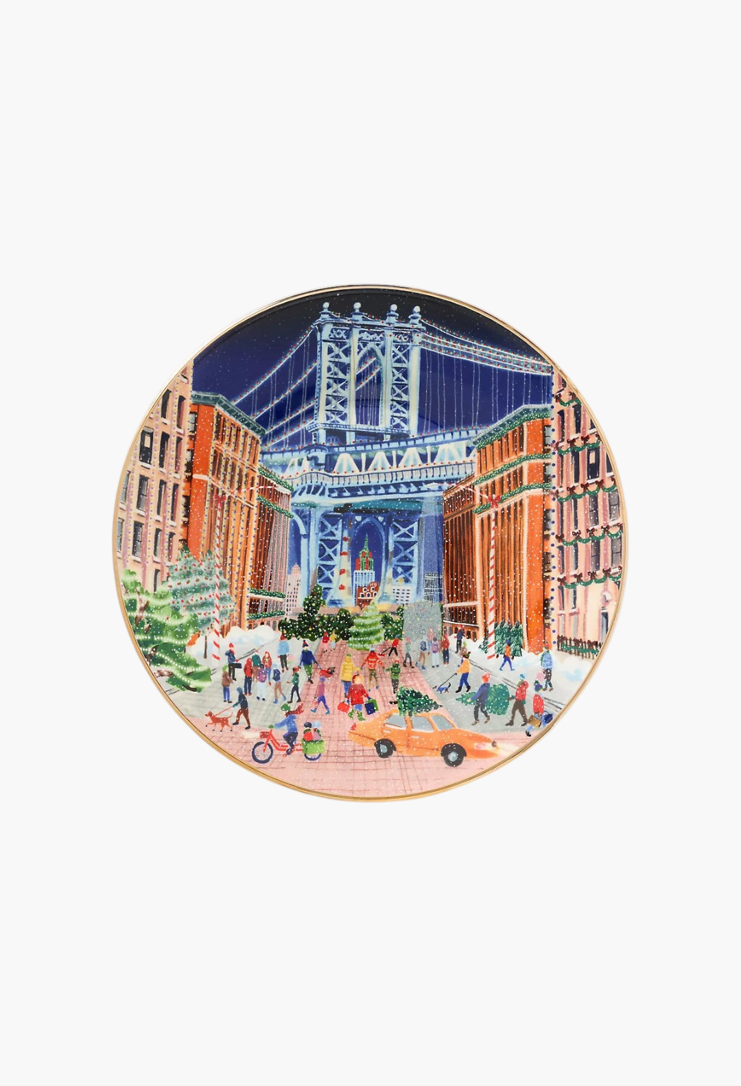 GLAM MODA Holiday in the City stoneware dessert plate featuring a festive New York streetscape with gold rim accents.