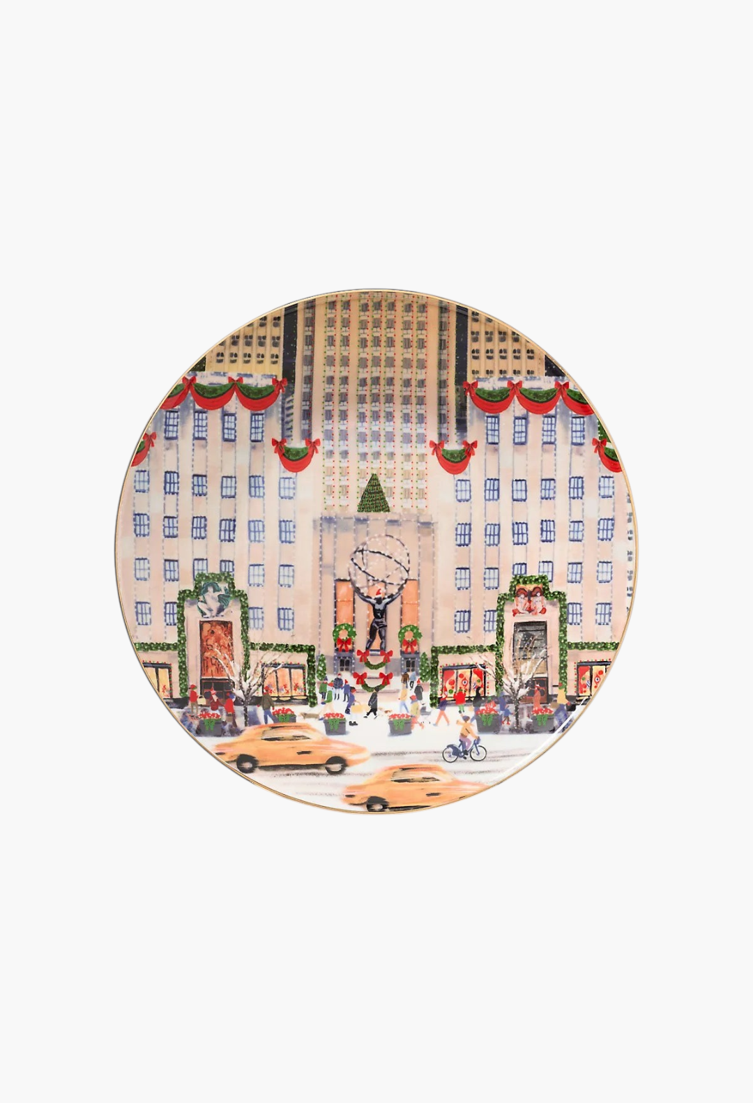 GLAM MODA Holiday in the City stoneware dessert plate featuring a festive New York street scene with gold rim accents.