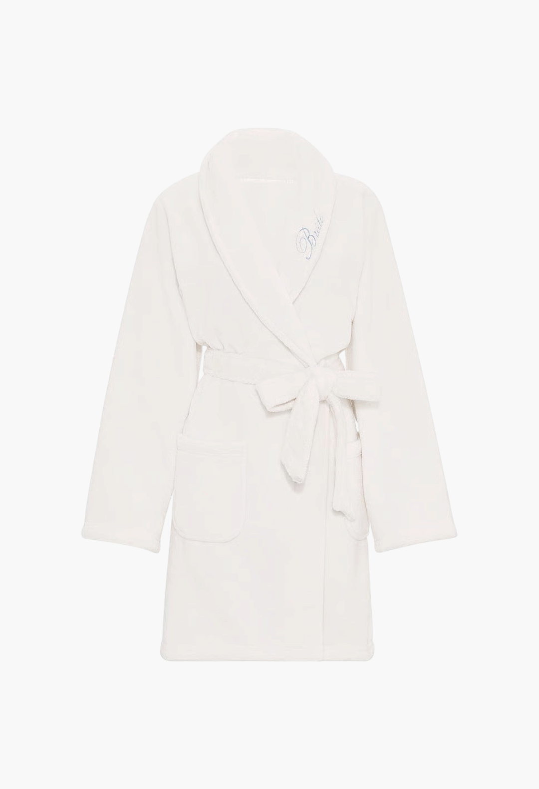GLAM MODA white plush robe with a shawl collar, tie waist belt, side pockets, and embroidered Bride script detail.