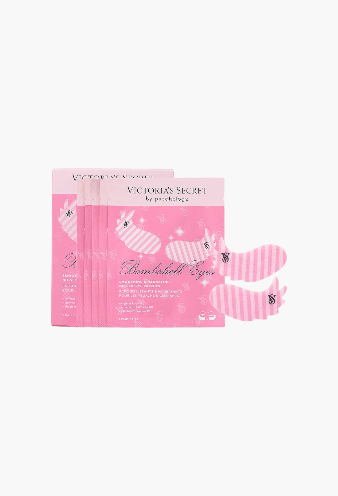 GLAM MODA Victoria's Secret x Patchology pink striped no-slip eye patches for smoothing and hydrating under-eye skin.