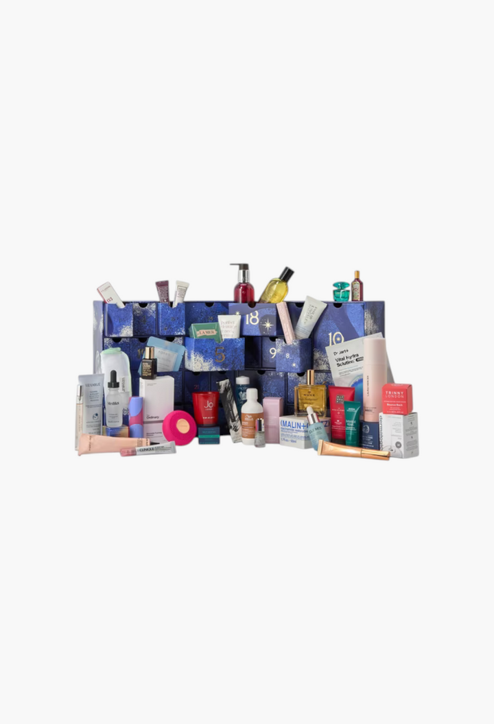 GLAM MODA beauty advent calendar featuring 41 luxury skincare, makeup, and fragrance products in a blue gift box.