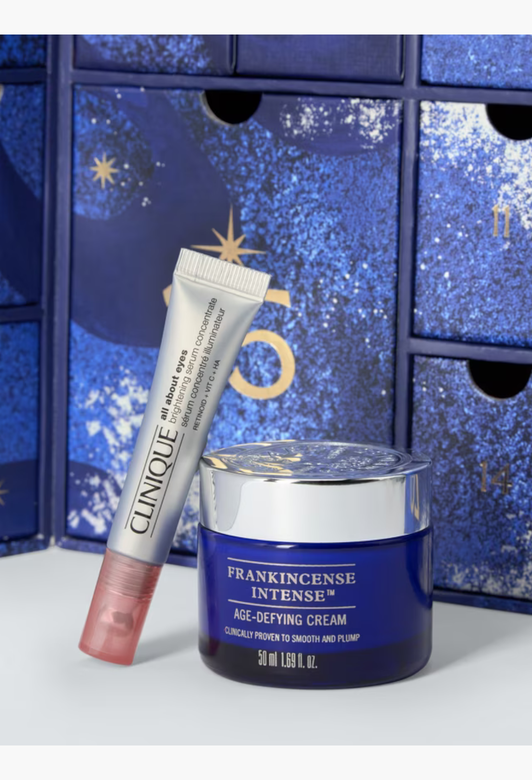 GLAM MODA beauty advent calendar featuring Clinique eye serum and Neal's Yard Remedies Frankincense cream