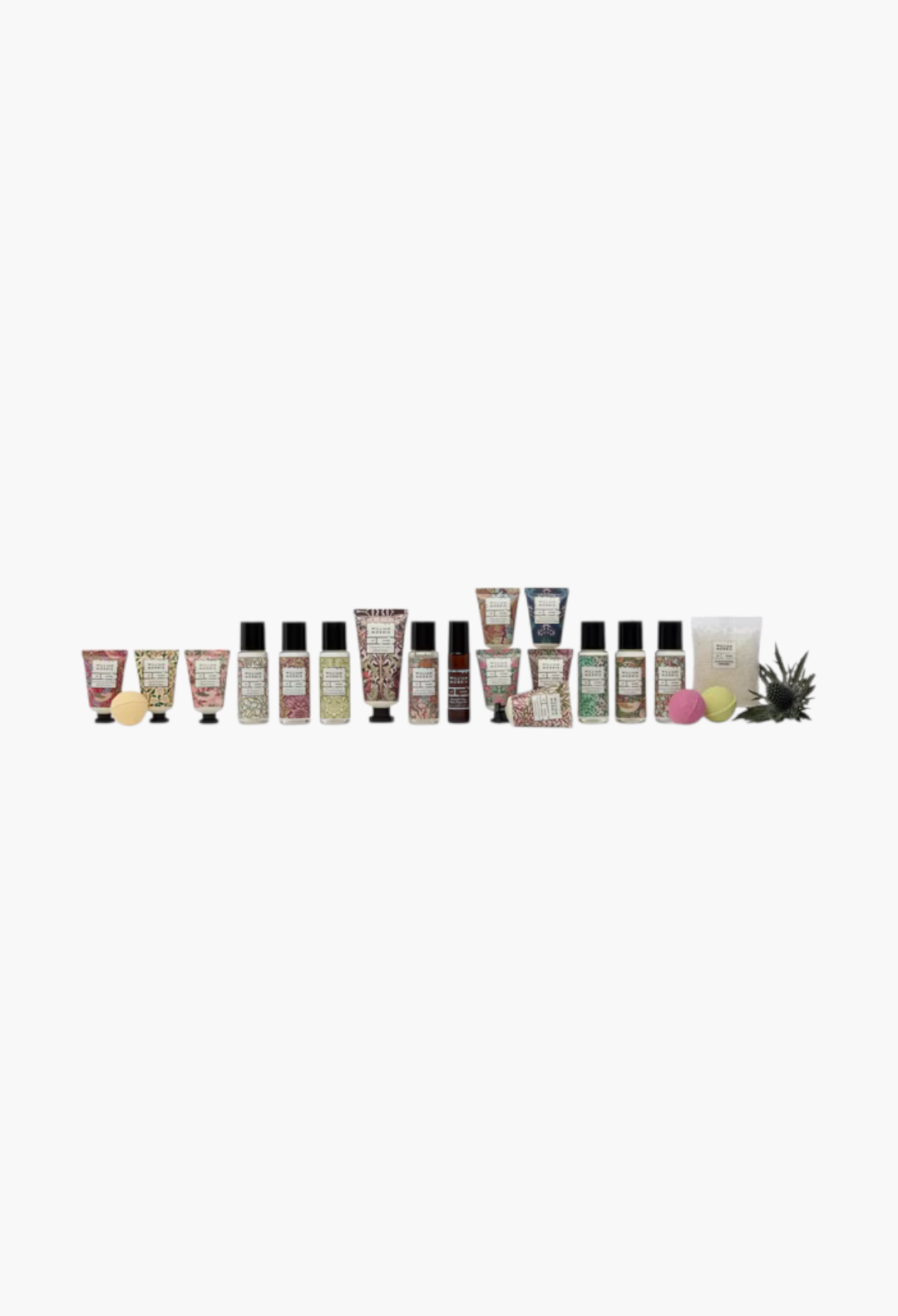 GLAM MODA William Morris At Home 2026 beauty advent calendar contents including assorted vegan bath and body products.