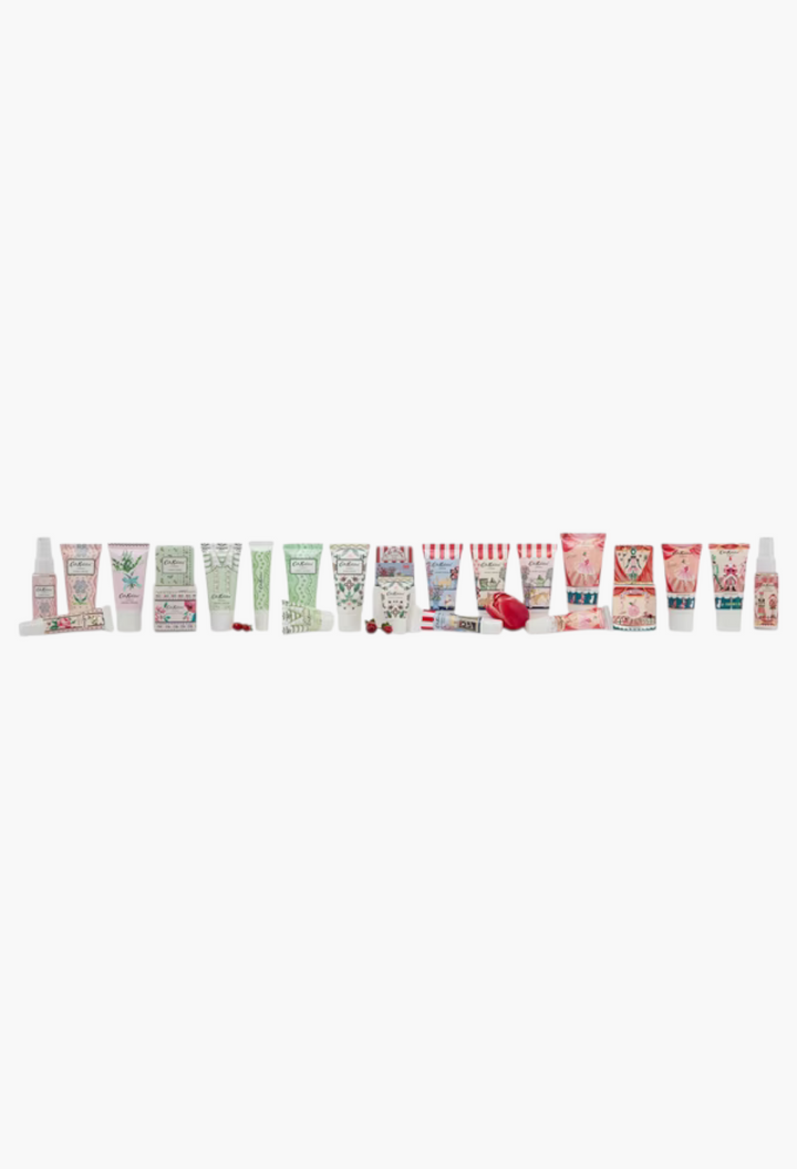GLAM MODA Nutcracker Theatre advent calendar featuring 24 vegan bath and body care products in decorative tubes