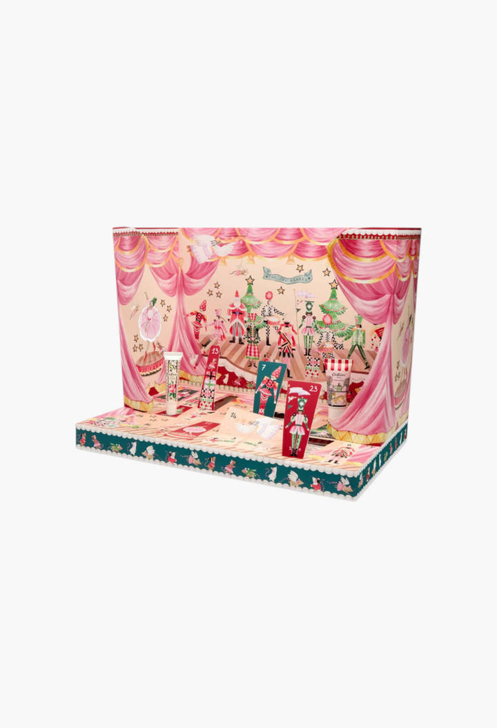 GLAM MODA Nutcracker Theatre advent calendar featuring 24 vegan bath and body treats with festive stage design