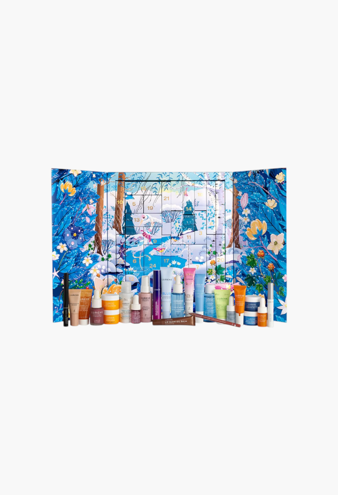 GLAM MODA Lumene Nordic Beauty Advent Calendar 2026 featuring 24 skincare and makeup products in a winter forest box