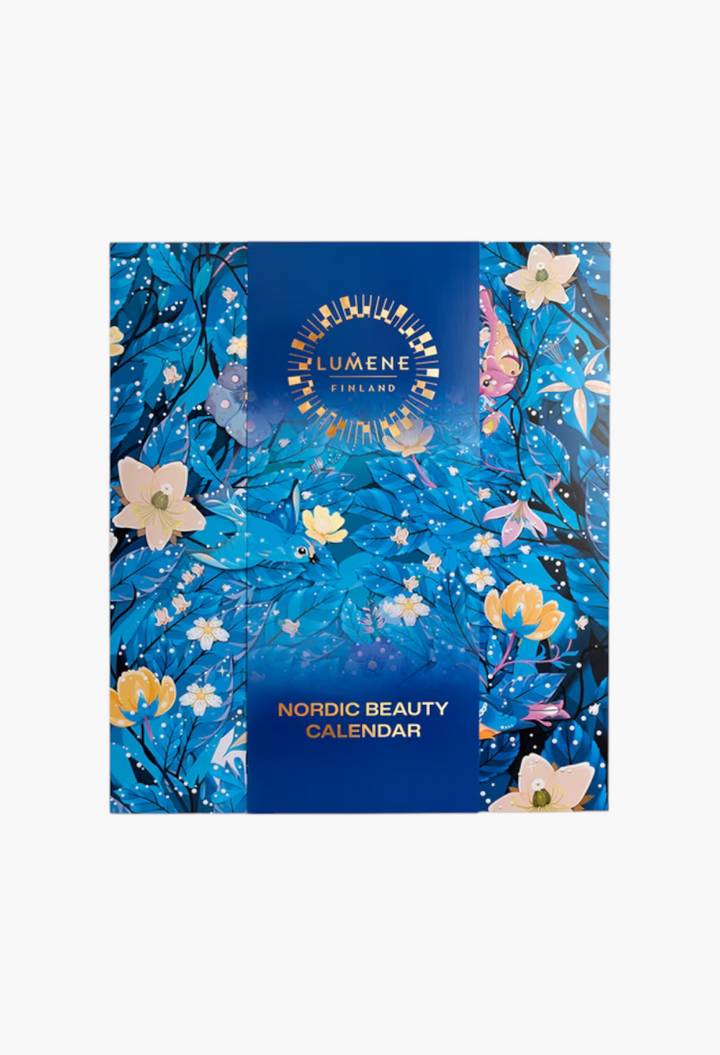 GLAM MODA Lumene Nordic Beauty Advent Calendar 2026 featuring a vibrant blue floral design with gold accents.