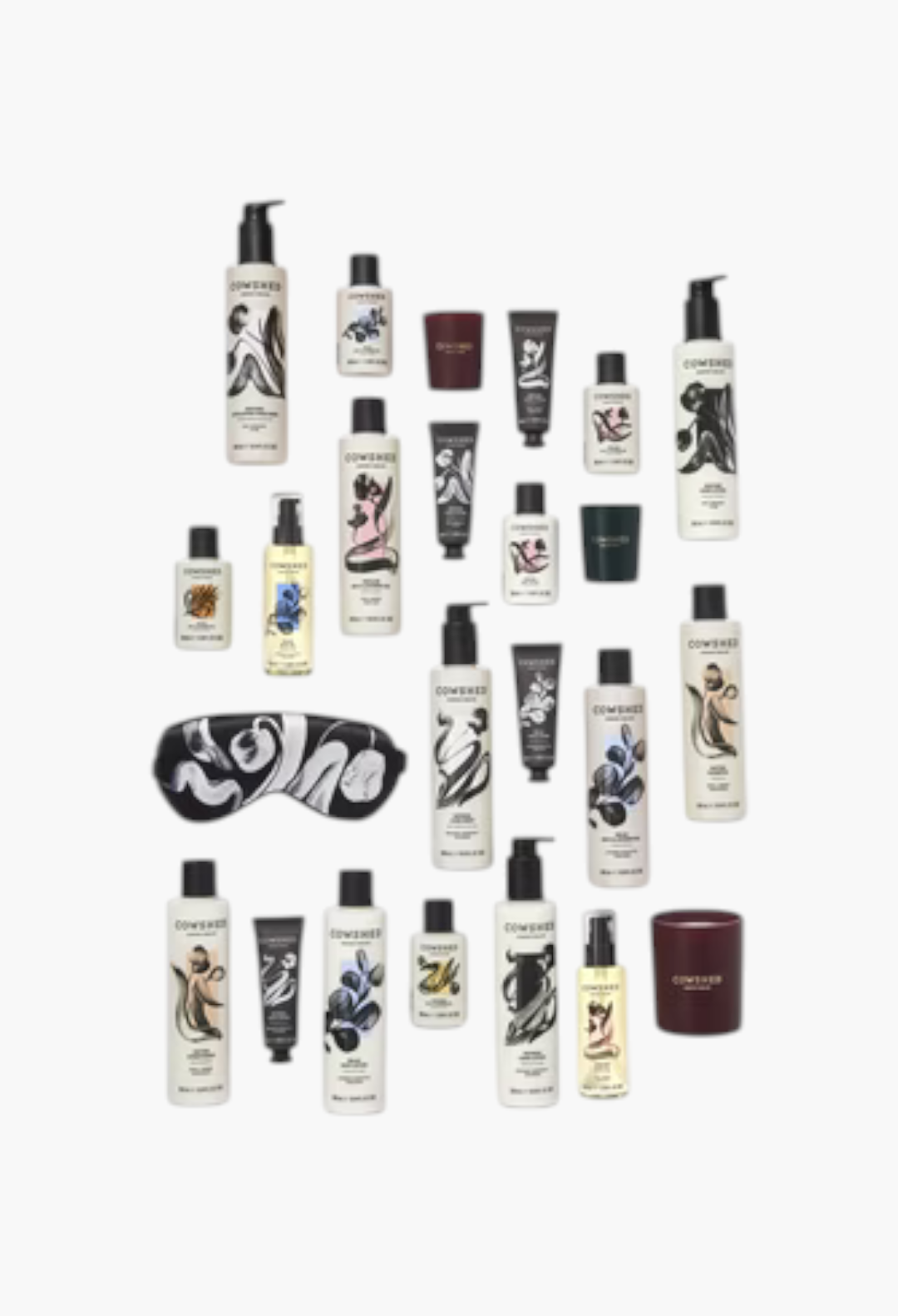 GLAM MODA Cowshed 24 day advent calendar featuring assorted body, hand, and home care products in monochrome packaging