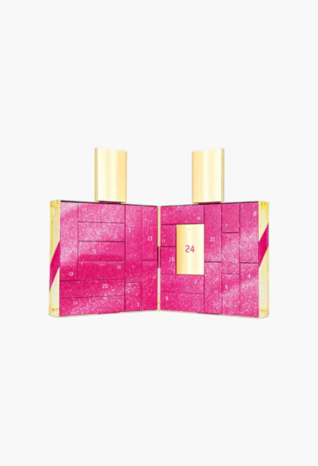 GLAM MODA Nuxe Advent Calendar featuring a pink glittery design shaped like the iconic Huile Prodigieuse bottle