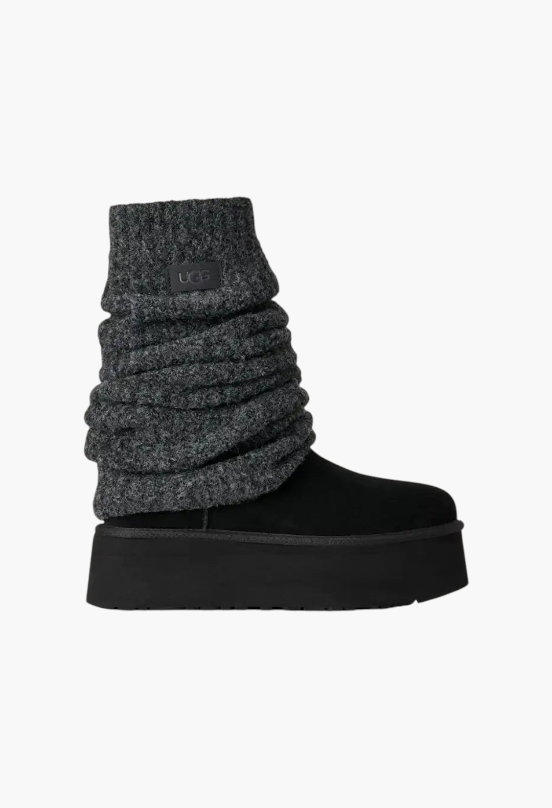 GLAM MODA Women's Classic Mini Dipper boot featuring a black suede base, platform sole, and removable grey knit legwarmer