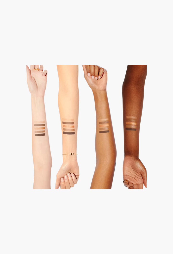 GLAM MODA Diorshow 5 Couleurs eyeshadow palette swatches displayed on four different skin tones for color reference