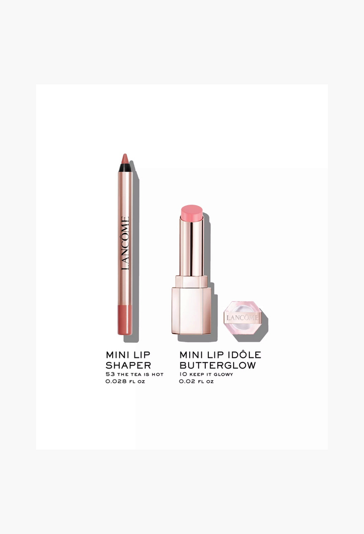 GLAM MODA Lancôme mini lip duo set featuring a matte lip shaper pencil and a hydrating butterglow balm in pink tones.