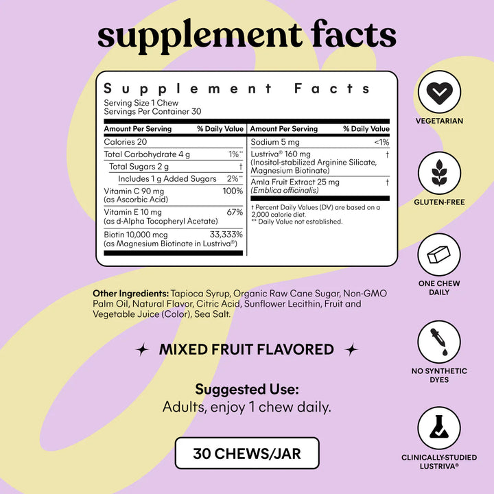 Lemme Grow Soft Chews - Hair Growth & Skin Support - Clinically Studied Lustriva - Mixed Fruit Flavor - GLAM MODA
