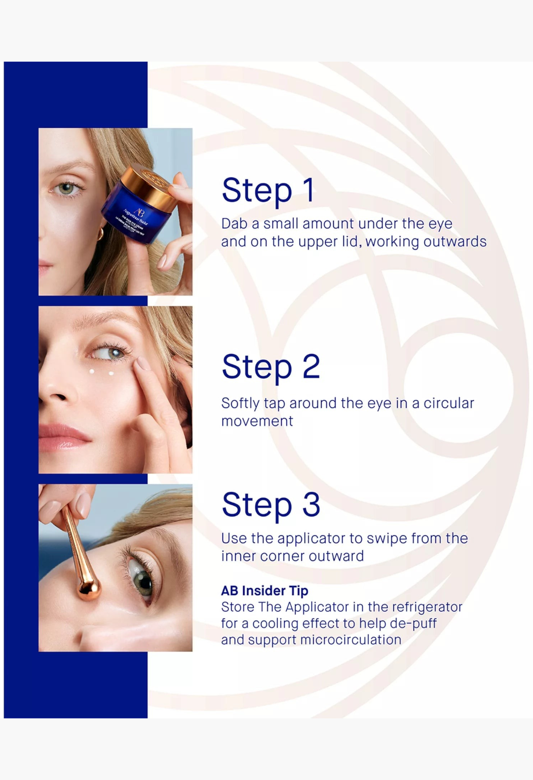 GLAM MODA The Rich Eye Cream application steps showing a model using the cream and cooling steel massage tool