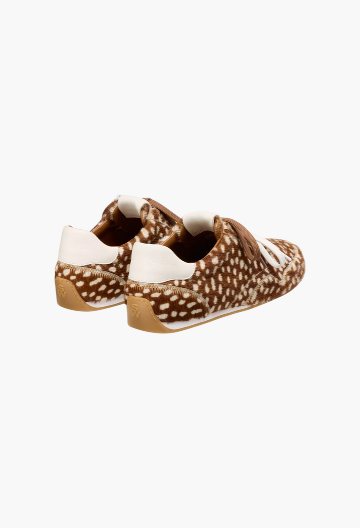 GLAM MODA Women's Bond Sport Sneakers in brown and white animal print calf hair with white leather heel detail.