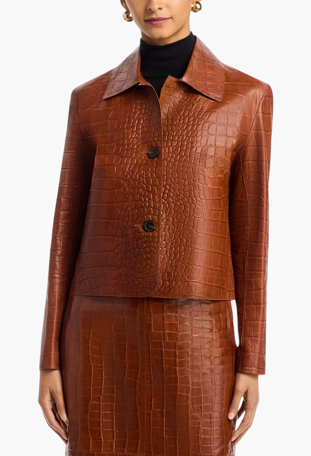 GLAM MODA Emy brown embossed leather jacket with a spread collar and button front closure on a model
