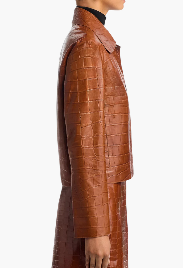 GLAM MODA Emy brown embossed leather jacket with a spread collar and button front, shown from a side profile view.