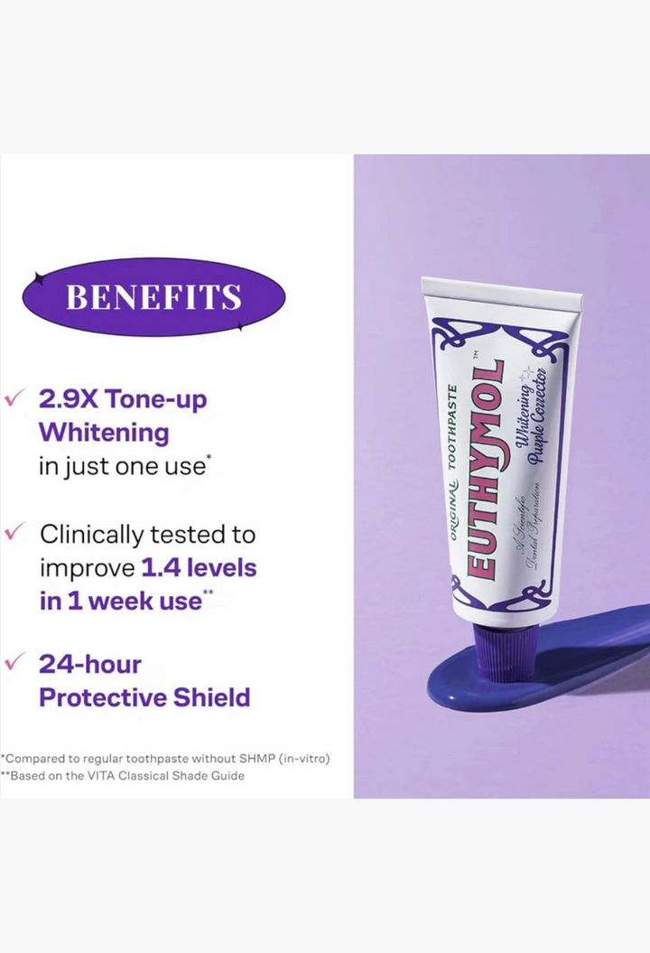 GLAM MODA Euthymol purple whitening toothpaste tube with benefits list on a purple background