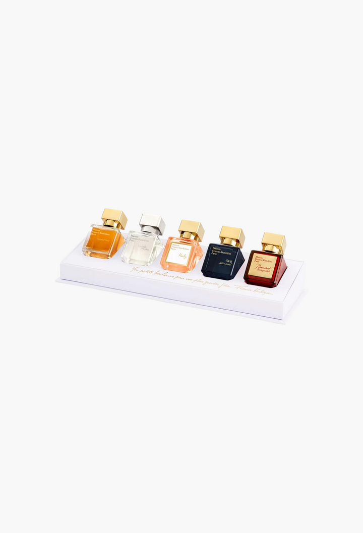 GLAM MODA Maison Francis Kurkdjian miniatures gift set featuring five iconic luxury perfume bottles in a white box