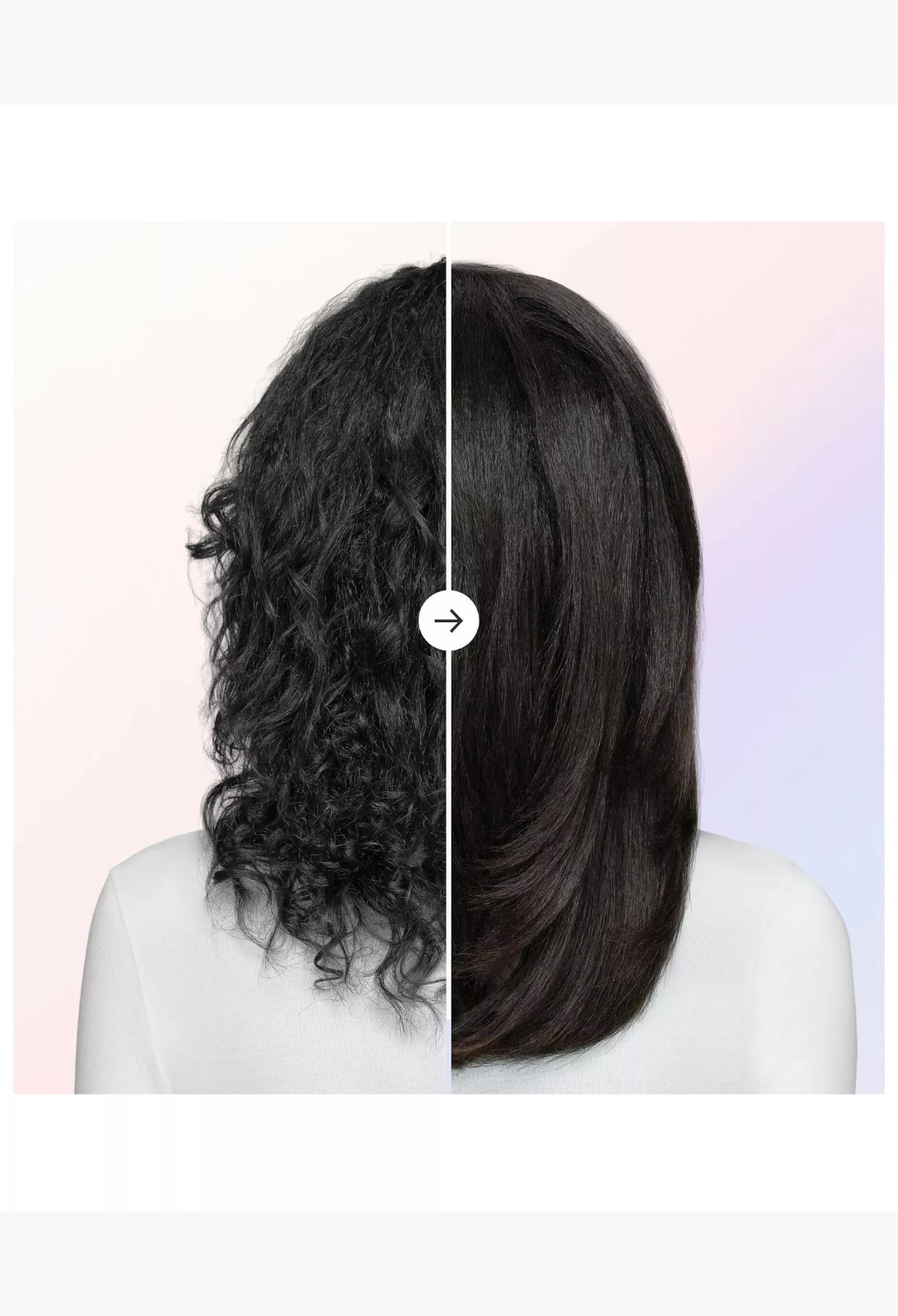 GLAM MODA Airsmooth styling brush results showing a before and after comparison of frizzy hair versus smooth hair