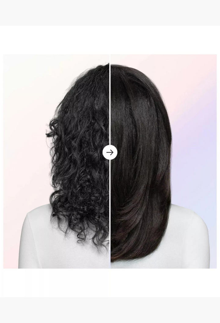 GLAM MODA Airsmooth styling brush results showing a before and after comparison of frizzy hair versus smooth hair