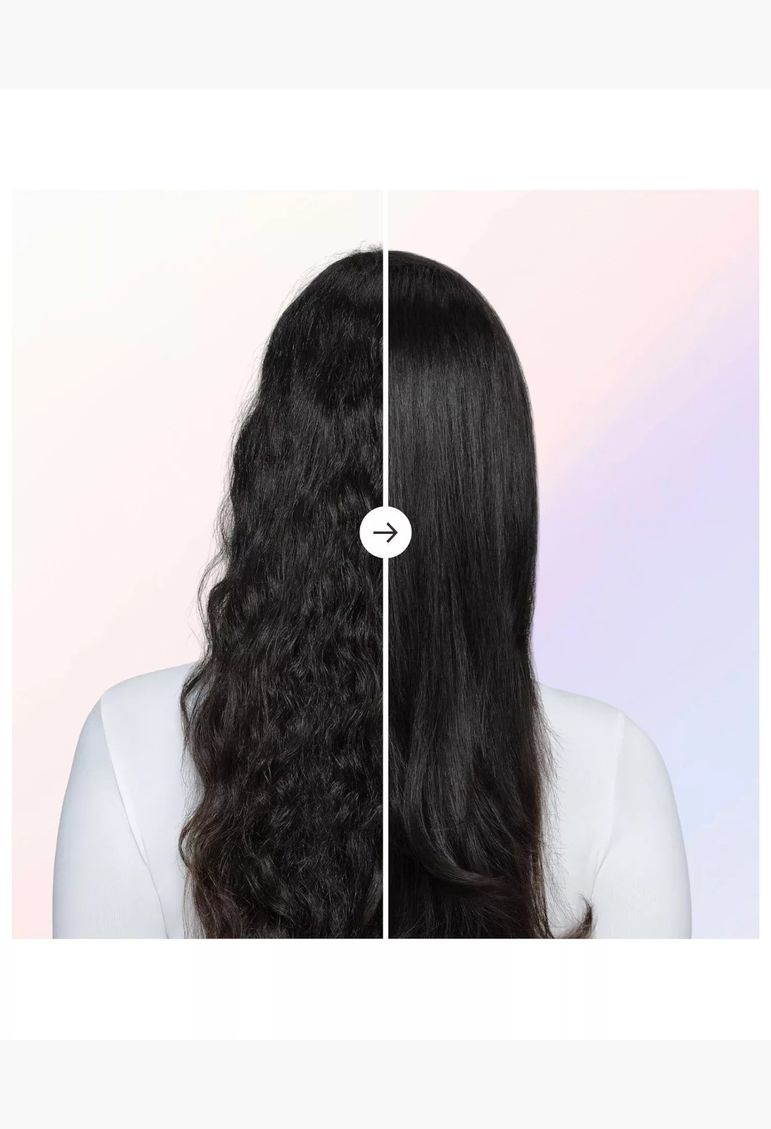 GLAM MODA before and after comparison showing frizzy hair transformed into smooth, straight hair using styling brush