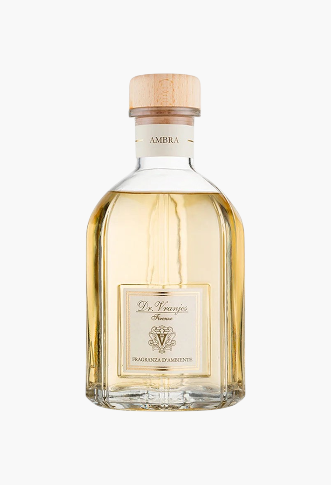 GLAM MODA Dr. Vranjes Ambra diffuser in a clear glass bottle with a light wood stopper and amber-toned fragrance oil.