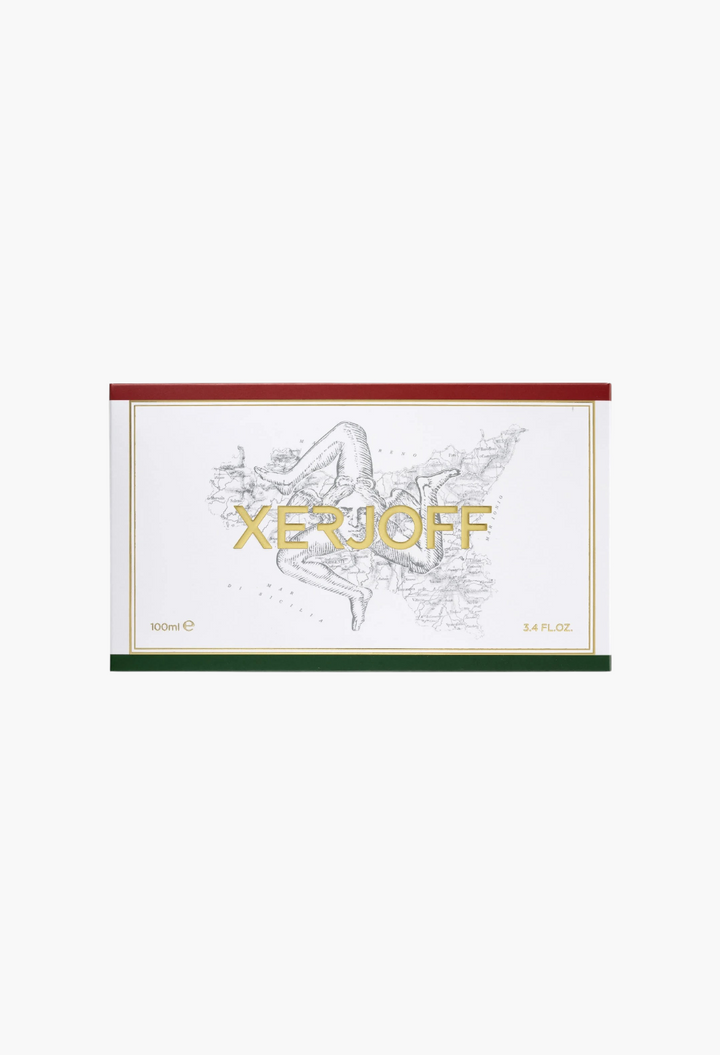 GLAM MODA Xerjoff Naxos Eau de Parfum 100ml rectangular fragrance box with gold logo and Sicilian map illustration