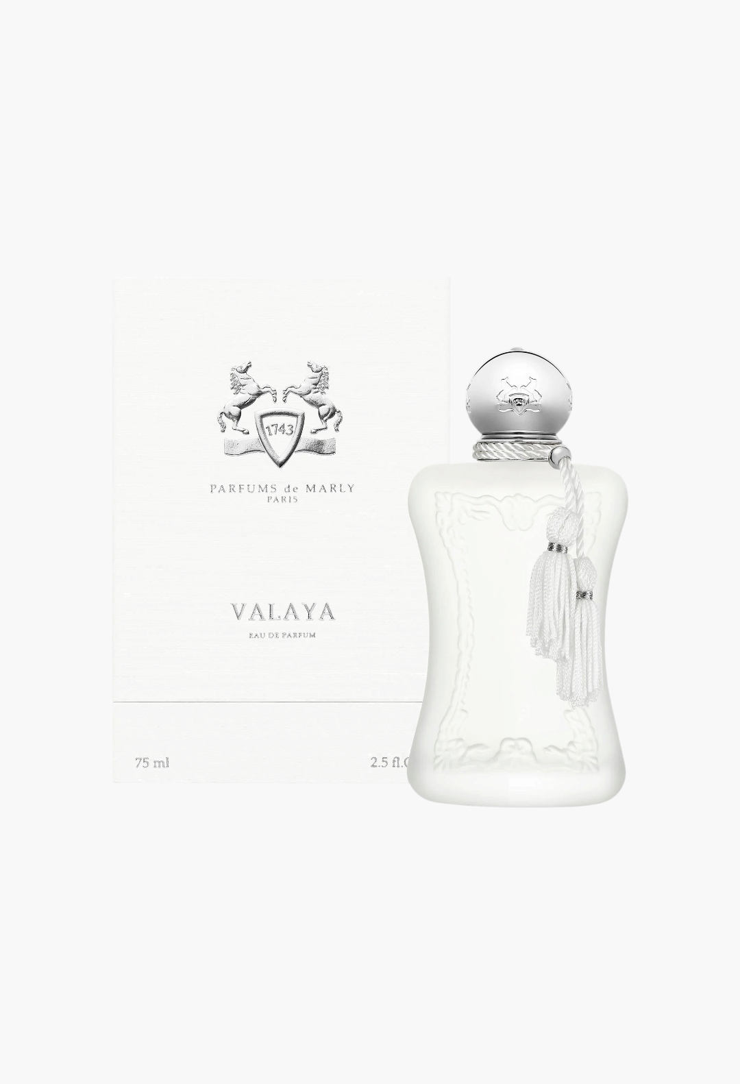 GLAM MODA Parfums de Marly Valaya Eau de Parfum in a white sculptural bottle with a tassel next to its white box.