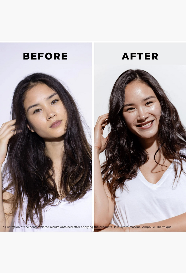 GLAM MODA before and after comparison showing improved hair volume and shine after using Kérastase Genesis serum
