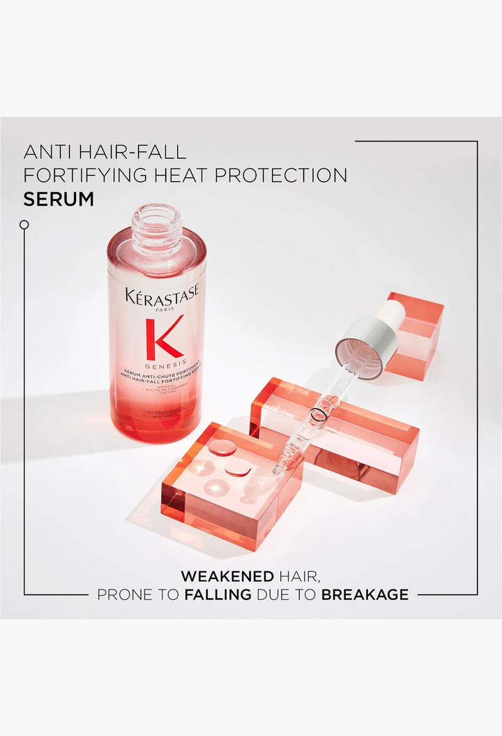 GLAM MODA Kérastase Genesis anti-hair fall scalp serum bottle with glass pipette on a pink acrylic display stand
