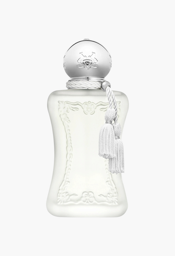 GLAM MODA Parfums de Marly Valaya Eau de Parfum in a white frosted glass bottle with a silver cap and tassel detail.