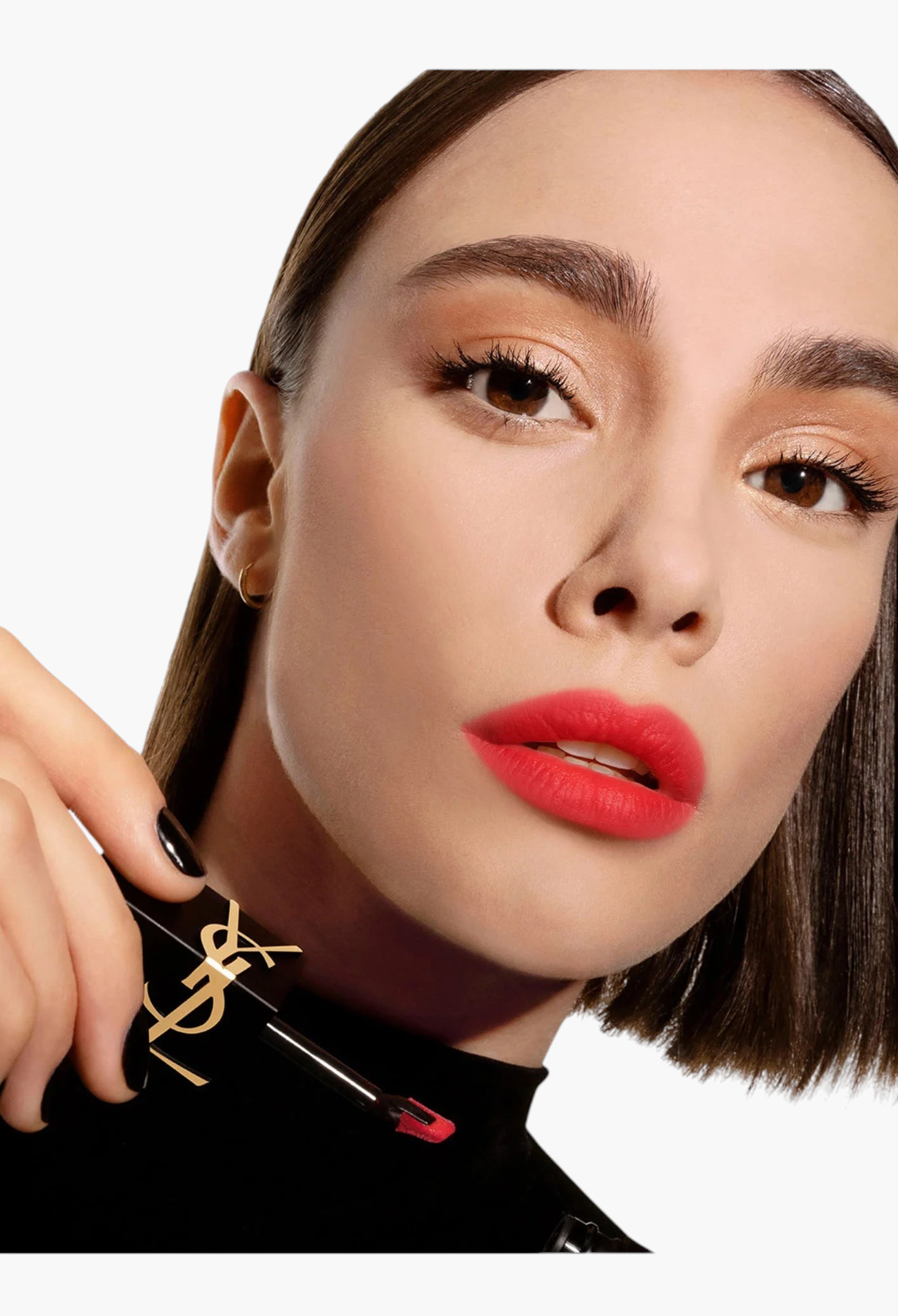 GLAM MODA model wearing Yves Saint Laurent The Inks Blurring Matte Liquid Lip Stain in a vibrant red shade