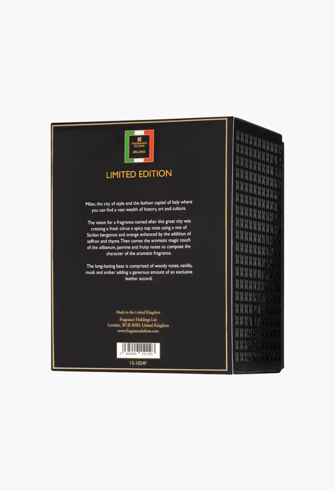 GLAM MODA Fragrance du Bois Milano Parfum limited edition black fragrance box with gold text and Italian flag detail