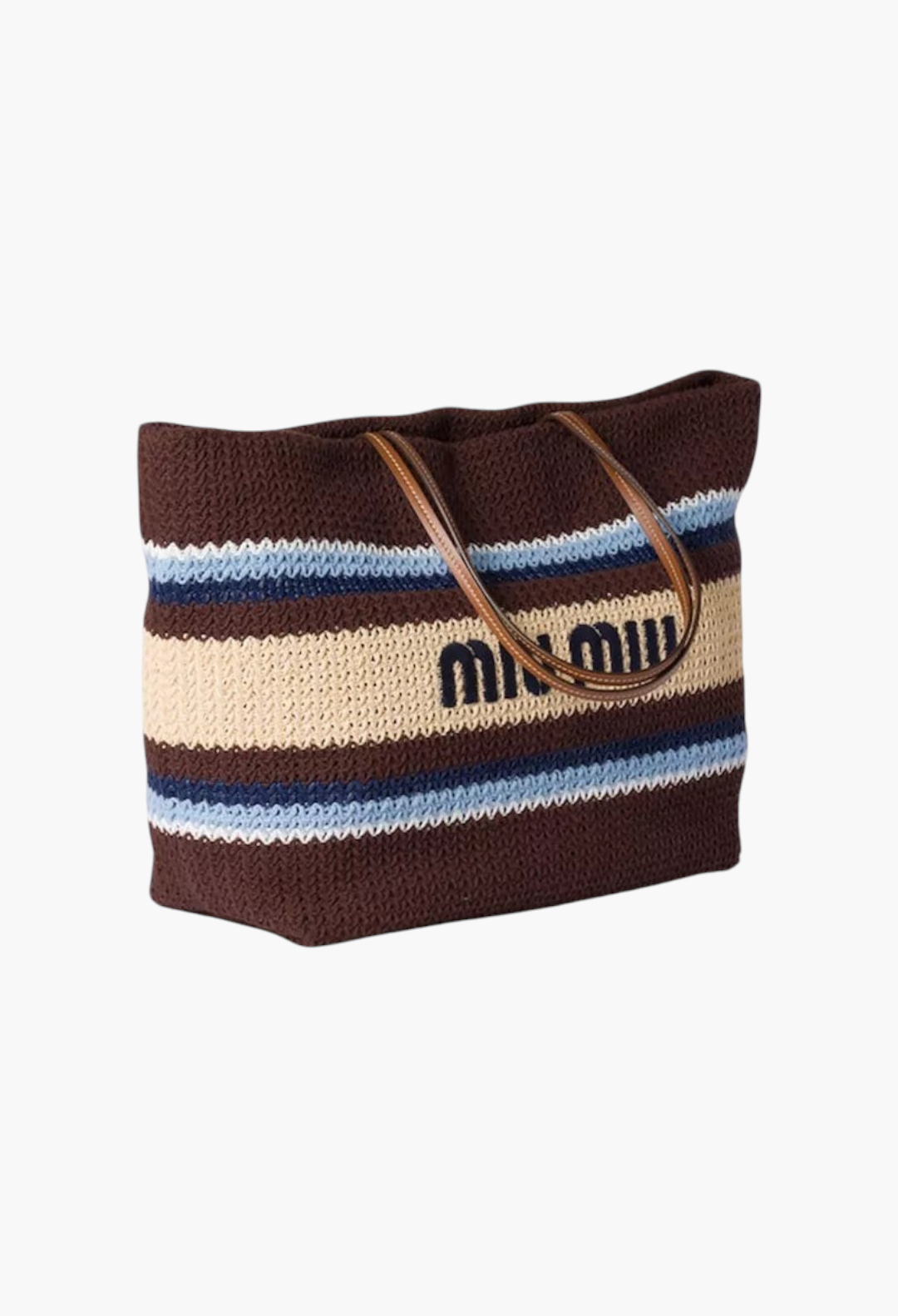 GLAM MODA Miu Miu brown raffia-effect woven tote bag with blue and beige stripes and leather handles