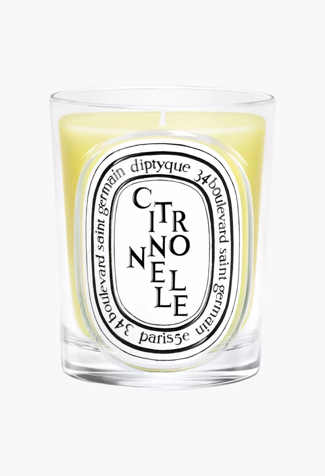 GLAM MODA Citronnelle Classic Candle in a clear glass jar with a yellow wax and illustrated label.