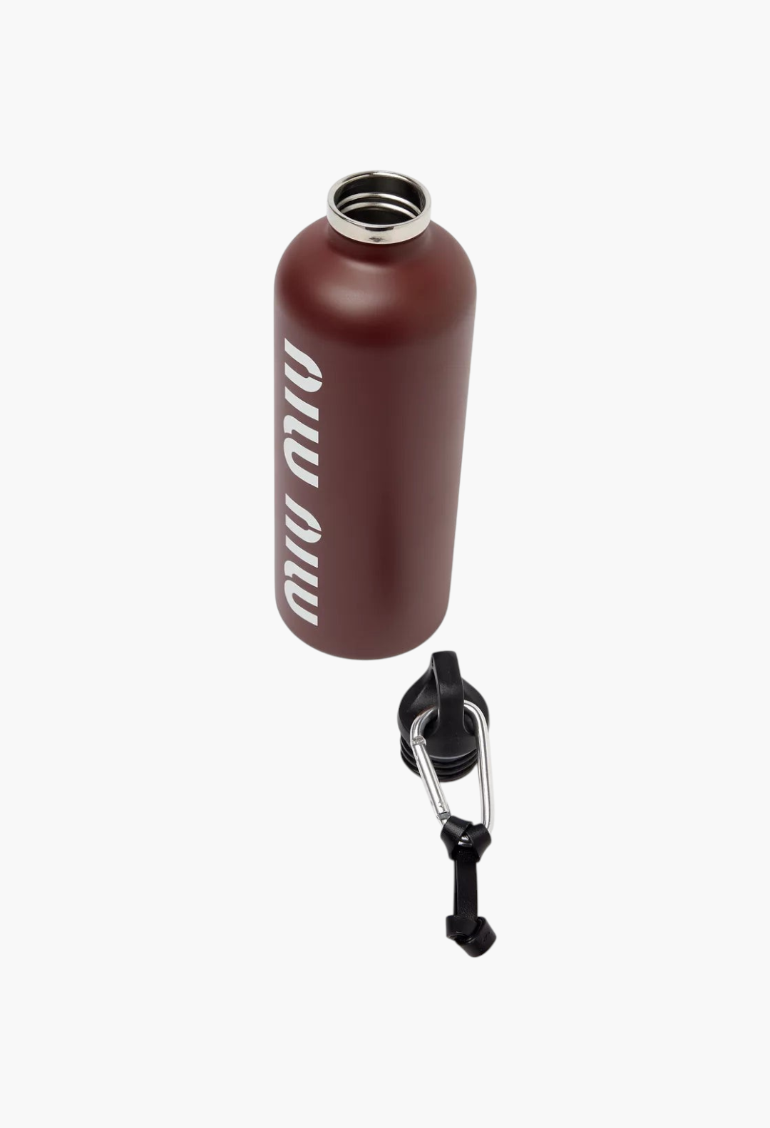 GLAM MODA burgundy stainless steel Miu Miu water bottle with a white logo print and a detachable black spring clasp.