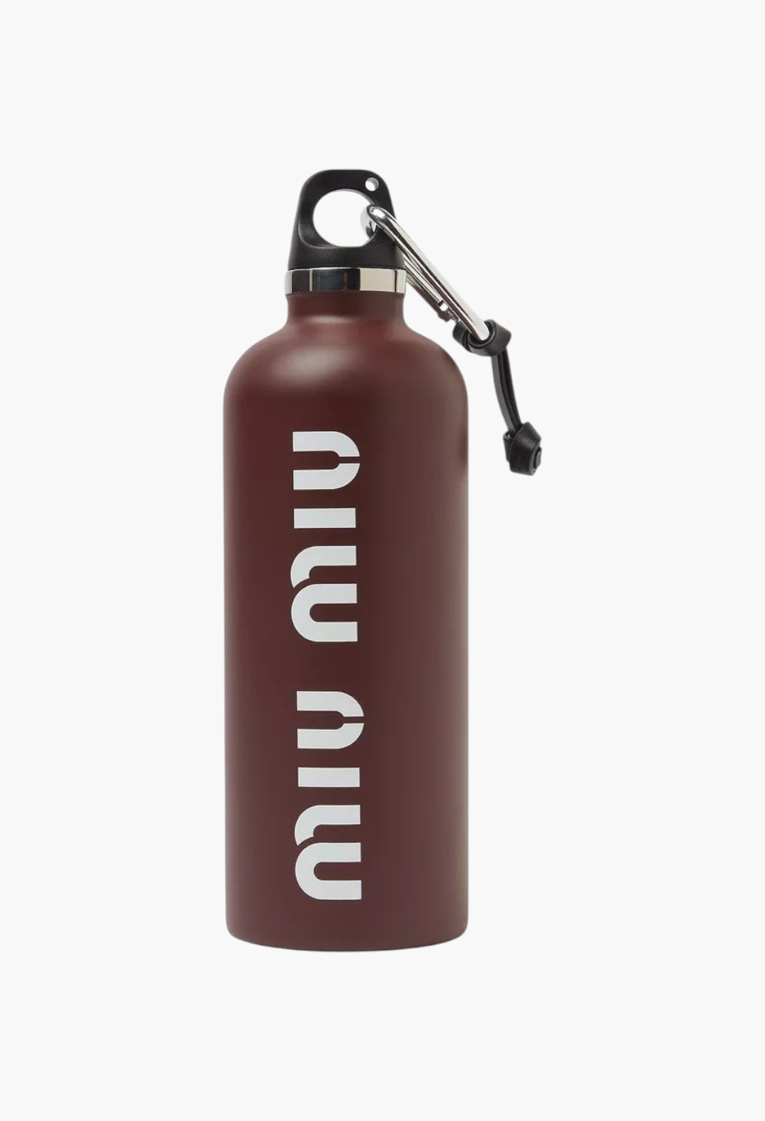 GLAM MODA burgundy stainless steel Miu Miu water bottle with a white logo print and a detachable spring clasp.