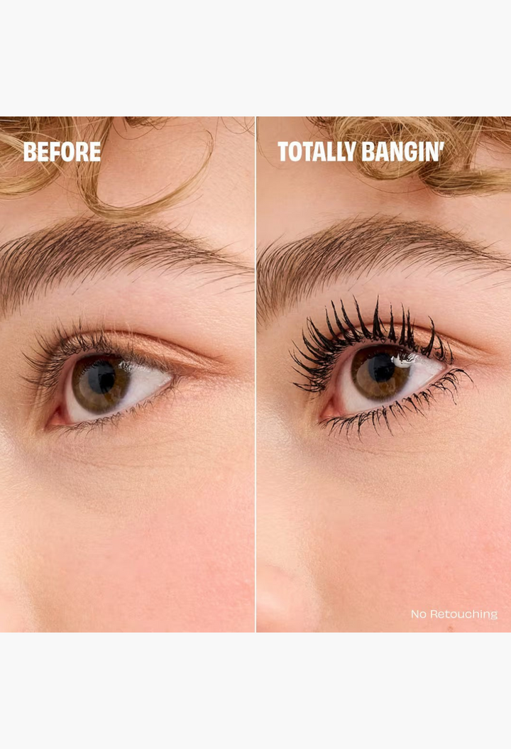 GLAM MODA before and after comparison showing natural lashes versus lashes with BADgal BANG! volumizing mascara