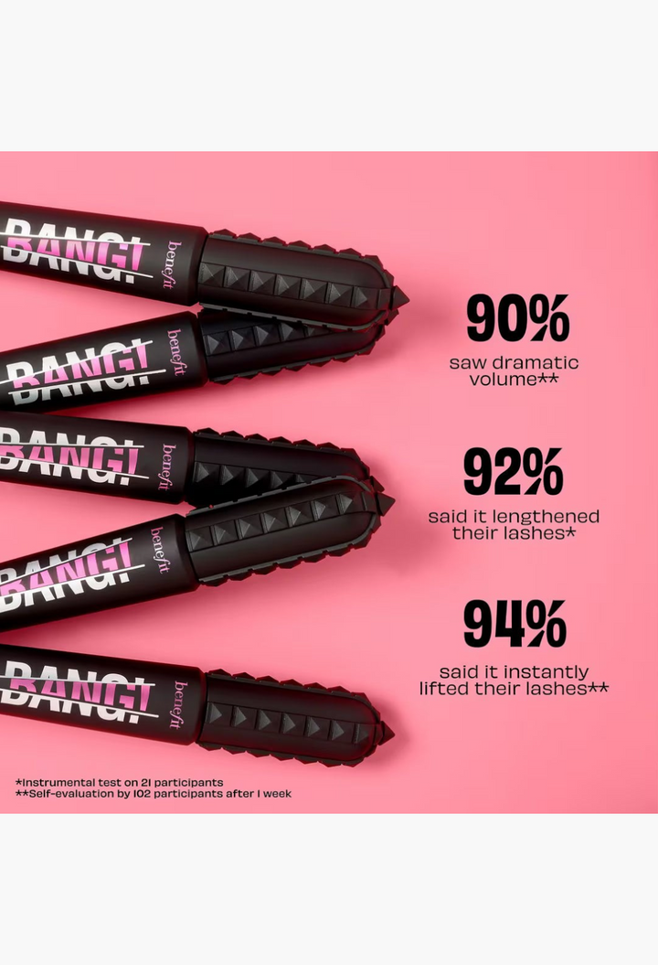 GLAM MODA Benefit BADgal BANG! volumizing mascara tubes stacked vertically with performance statistics displayed