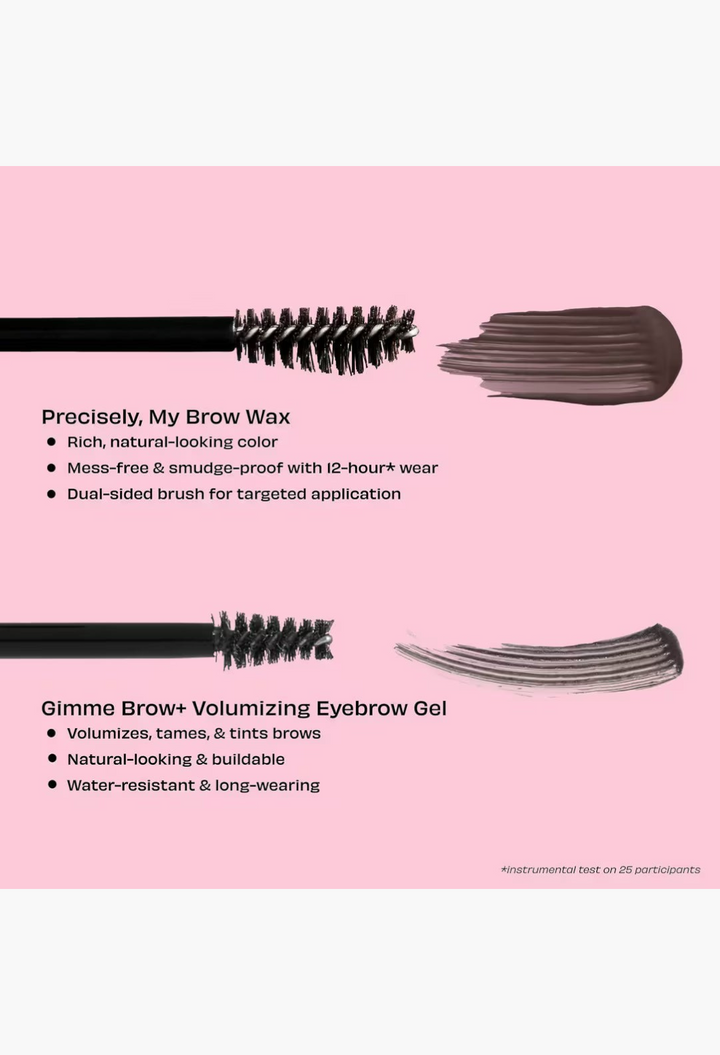 GLAM MODA comparison of Precisely, My Brow Wax and Gimme Brow+ Tinted Volumizing Eyebrow Gel with applicator brushes.